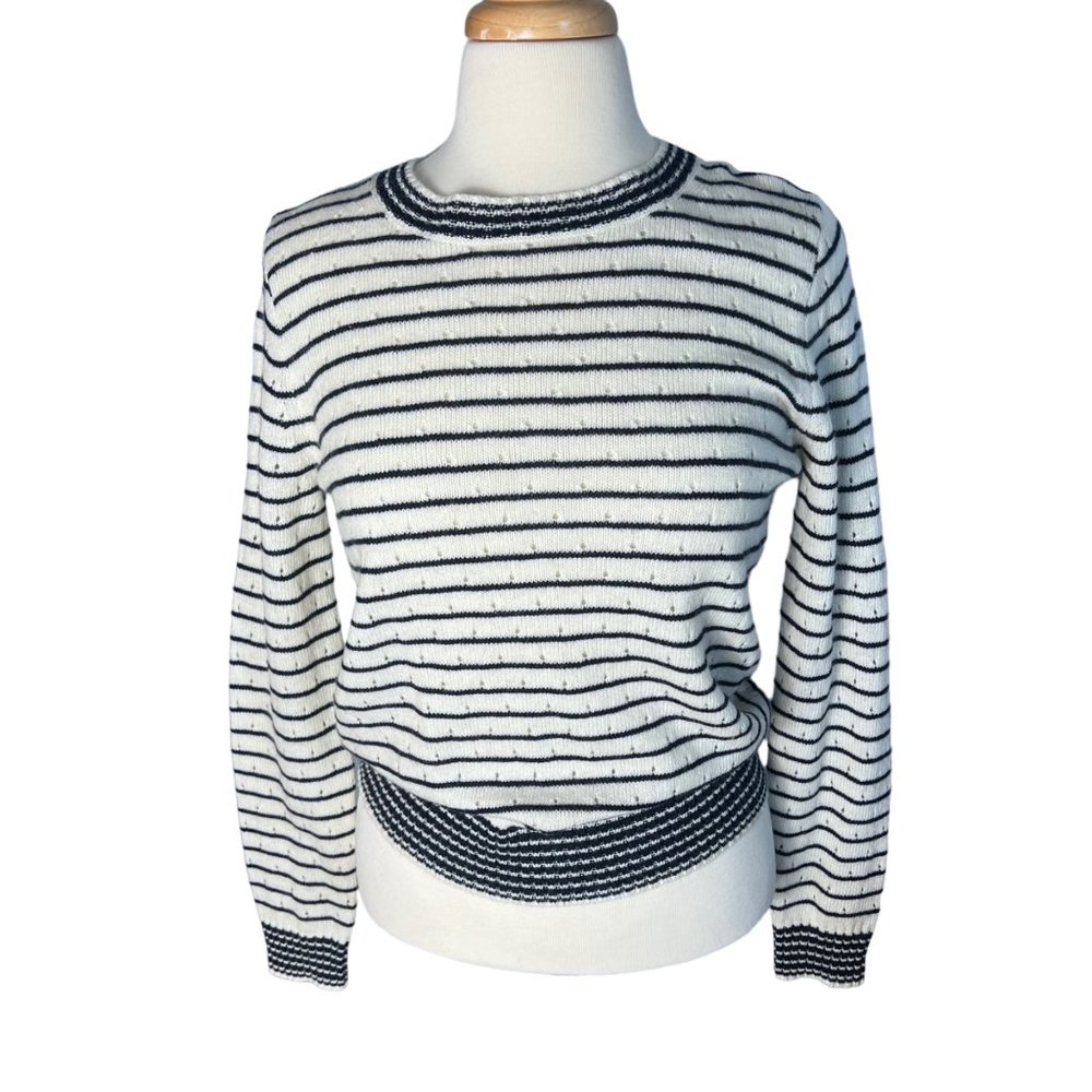 J. Crew Womens Pointelle Crewneck Sweater in Blue White Stripe Size Medium
